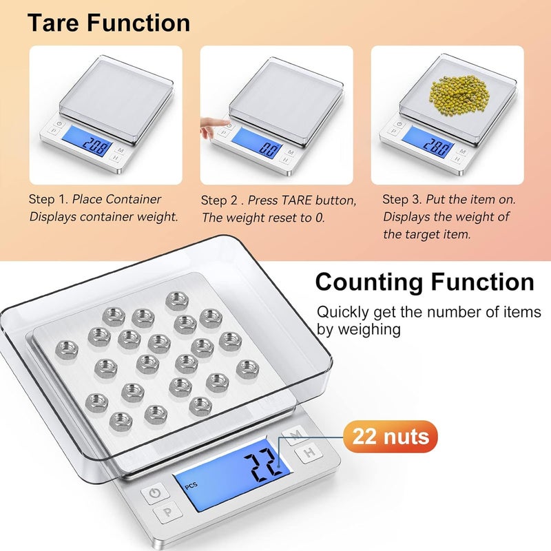 BOMATA Upgraded Small Food Scale, 0.1 g/0.001 oz High Precision, 3000 g/6.6 lb, with New Hold Function and Larger Display, USB Rechargeable, Digital Kitchen Scale for Small Item, Jewelry. Sliver - Image 5